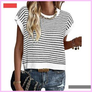 Striped Short Sleeve Pullover Sweater Vest Top, Knit Material, Spring Summer
